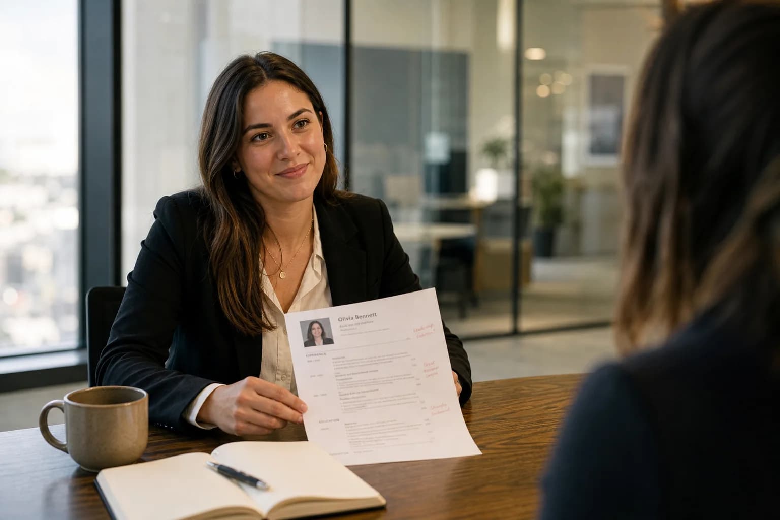 A recruiter smiles approvingly across a conference table while holding a printed resume